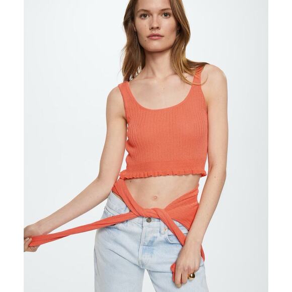 MANGO RIBBED CROP TOP Coral Knit Fabric Crew Neck Size XS - Picture 1 of 5